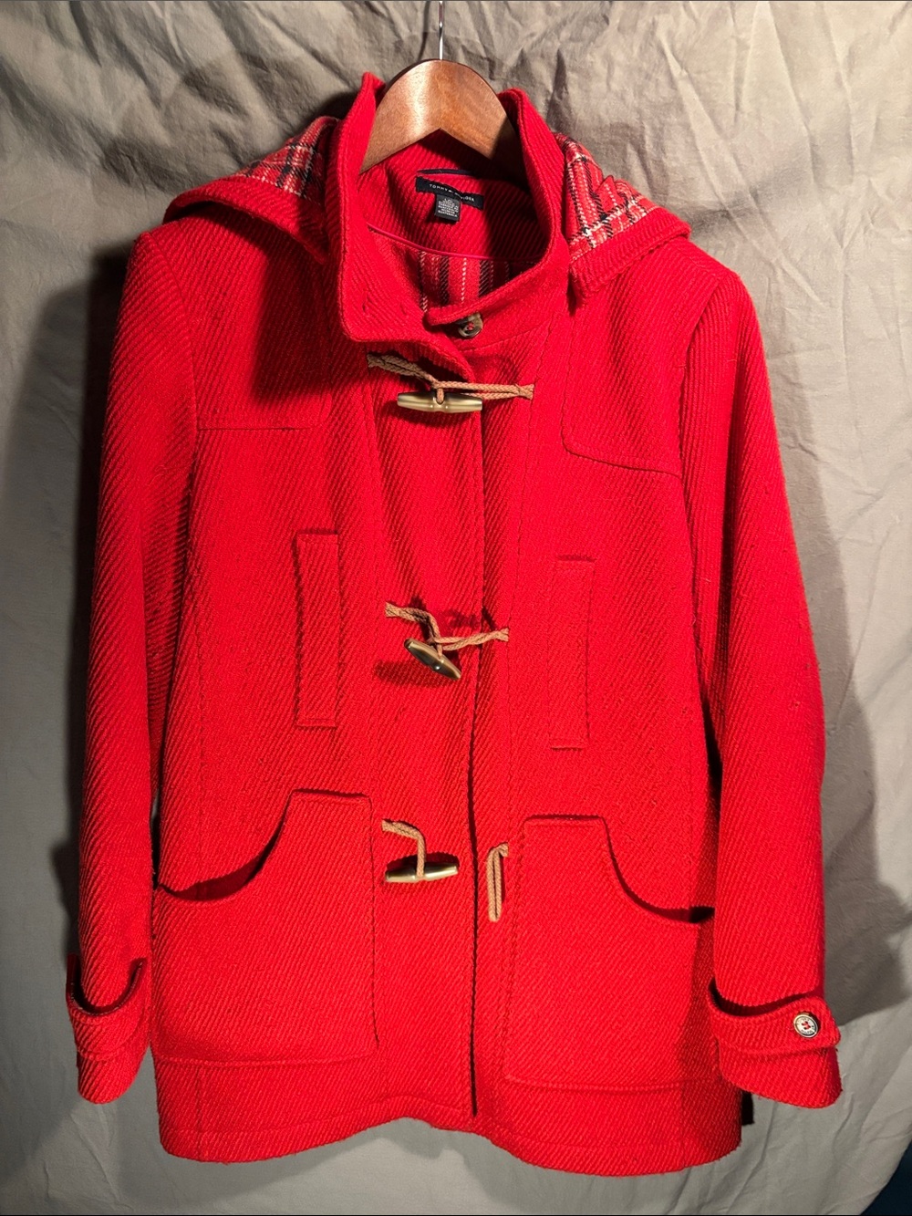 Tommy Hilfiger Red Hooded Toggle Pea Coat